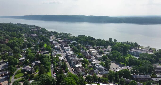 Dobbs Ferry, NY, USA  June 18, 2025  summer aerial video of the area surrounding the Village of Dobbs Ferry, NY