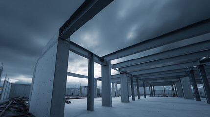 Naklejka premium Modern construction site with concrete and steel framework under dramatic cloudy sky, showcasing building development and architectural structure