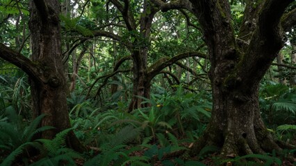 Fototapeta premium Ancient oak trees standing in dense fern undergrowth forest
