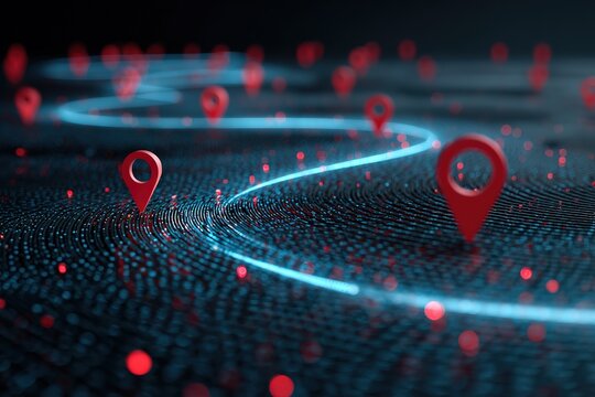 Digital data map path with glowing fiber optic lines and red location pin symbols representing global network connectivity.