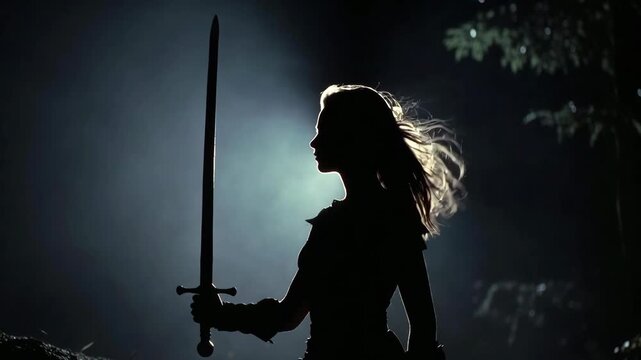 A silhouette of a warrior lifting a sword, in a dramatic style, set against a dark night background, expressing a strong heroic concept