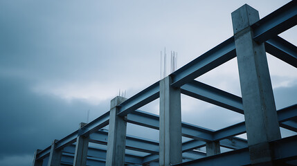 Naklejka premium Modern Building Framework with Steel Girders and Concrete Columns Under a Dramatic Sky, Future Urban Development