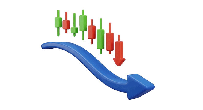 Vector illustration of 3d render of financial candlestick chart with a downward trending blue arrow on a transparent background