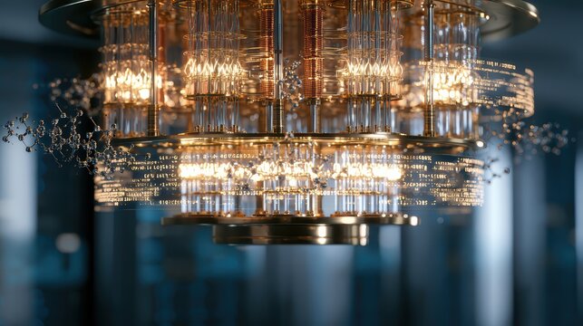 A massive golden quantum computer chandelier surrounded by floating 3D molecular structures and cryptographic code. Hyper-realistic cinematic render in a futuristic server room.