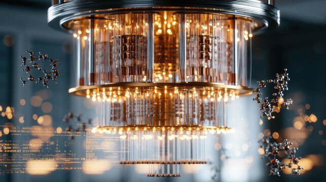 A massive golden quantum computer chandelier surrounded by floating 3D molecular structures and cryptographic code. Hyper-realistic cinematic render in a futuristic server room.