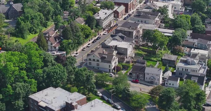 Dobbs Ferry, NY, USA  June 18, 2025  summer aerial video of the area surrounding the Village of Dobbs Ferry, NY