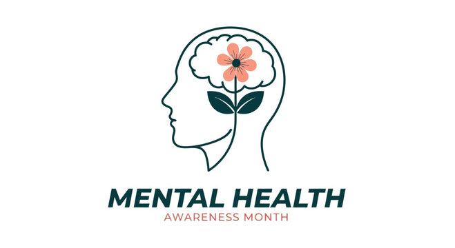Mental Health Awareness Month illustration with human head and blooming flower brain.