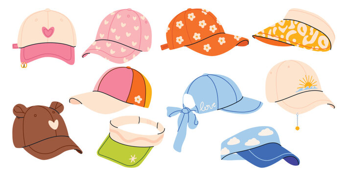 Trendy caps and visors collection in hand drawn vector style. Cute elements, playful accessory perfect for beach, vacation, fashion illustrations, summer outfits, branding. Isolated on white