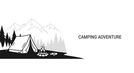 Minimalist camping adventure illustration with tent and campfire in nature. © Adilah_Fathir