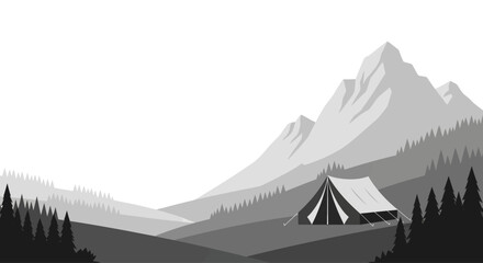 Minimalist monochrome camping tent in mountain landscape illustration. © Adilah_Fathir