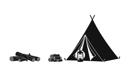 Camping silhouette featuring a teepee tent campfire logs and a vintage lantern. © Adilah_Fathir