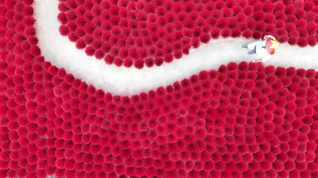 Top down drone view of person walking through red incense sticks Vietnam village