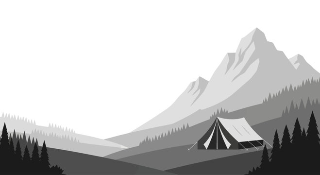 Minimalist monochrome camping tent in mountain landscape illustration.