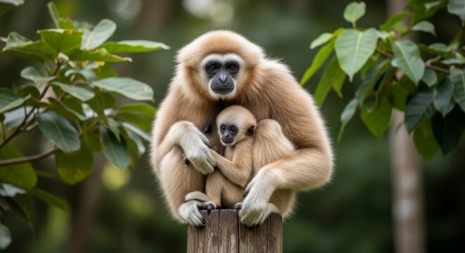 White-Handed Gibbon Mother Embracing Baby Lar Gibbon on Wooden Post, Tropical Rainforest Wildlife Art