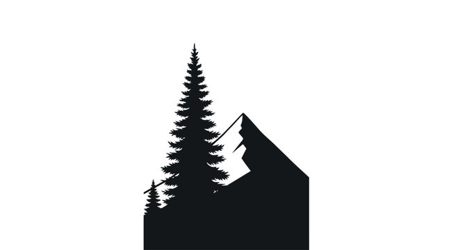 Minimalist mountain and pine tree silhouette logo design.