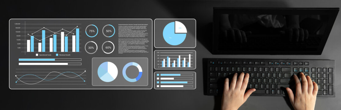 A top-down view of hands on a keyboard with various colorful charts and graphs displayed on a dark surface, ideal for business data analysis and insights. Gantry
