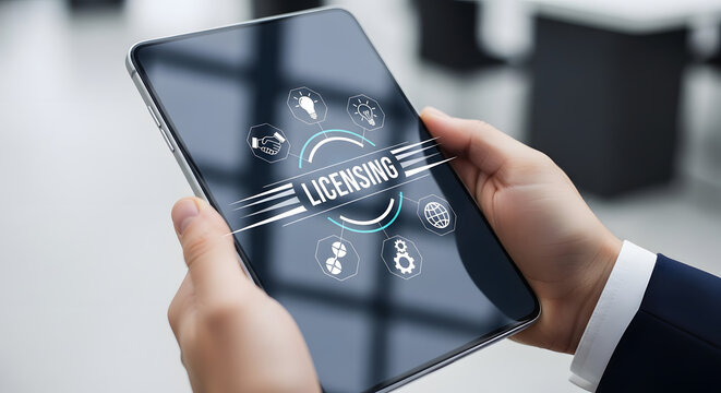 Businessman holding tablet with licensing concept on screen in office