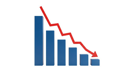Fototapeta premium 3 d bar chart with a red zigzag trend line showing a downward economic decline, isolated on transparent background