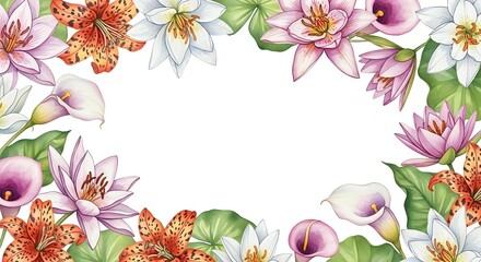 Obraz premium Watercolor floral frame with pink lilies, orange tiger lilies and green leaves on white background for wedding invitations and greeting cards.