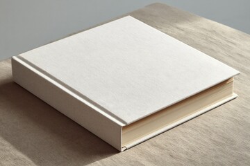 Fototapeta premium Clean, Blank White Hardcover Book Lying Open on a Textured Table Surface
