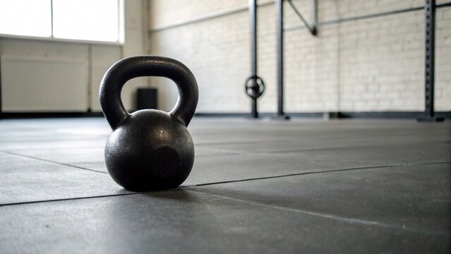 Black kettlebell on gym floor with exercise equipment