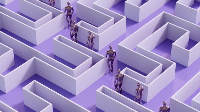 3d animation of metallic figures walks endlessly through a structured maze for VJ sets, high-tech club visuals,  electronic music festivals, stage screens and for LED video walls