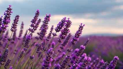 Obraz premium Vibrant purple lavender flowers swaying gently in a serene field