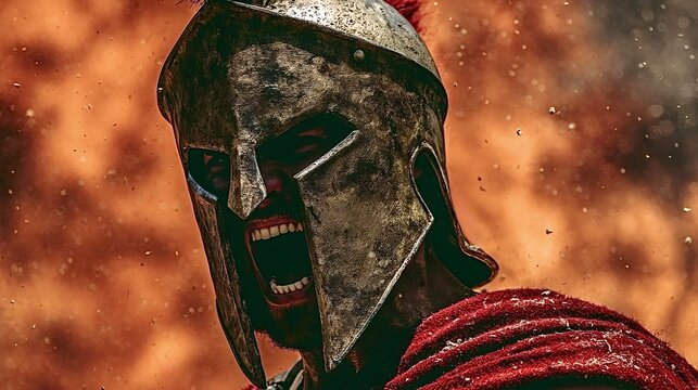 Spartan warrior wearing helmet shouting in fiery battle