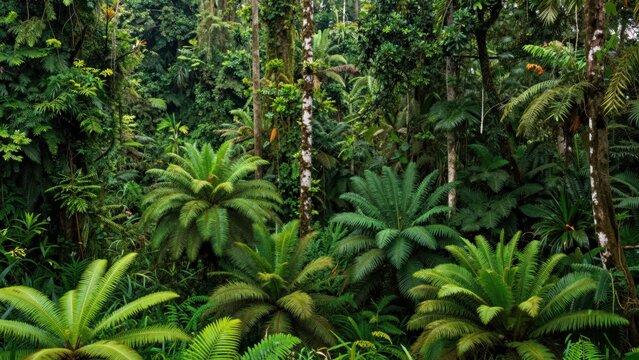 Tropical fern and cycad plants growing in dense rainforest