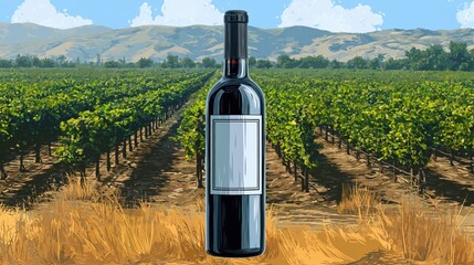 Naklejka premium Single Bottle of Dark Red Wine Stands Tall in Lush Vineyard with Rolling Hills Under Blue Sky