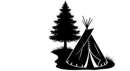 Black and white silhouette illustration of a teepee tent and a pine tree. © Baasim_Ghava