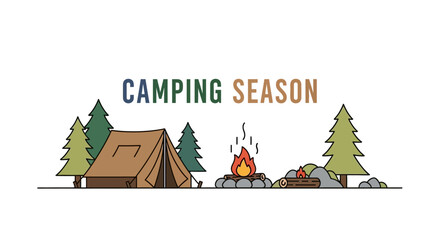 Camping season outdoor adventure illustration with tent and bonfire. © Baasim_Ghava