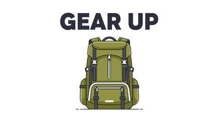 Green hiking backpack vector illustration with gear up text.