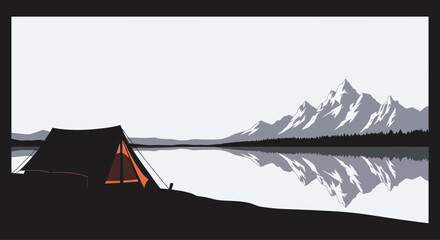 Camping tent set up by a serene mountain lake landscape. © Baasim_Ghava