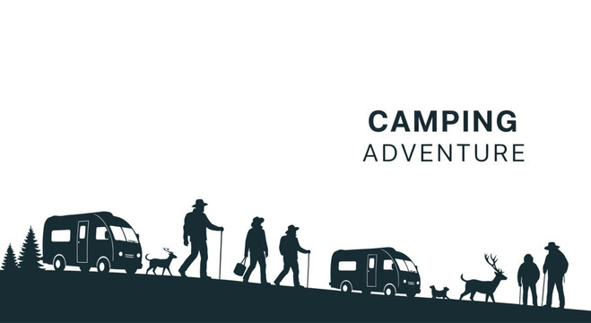 Silhouette of a family camping adventure with campers and wildlife.