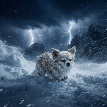 Brave chihuahua dog fighting through arctic blizzard in snowy mountains with lightning storm, heroic fantasy digital art