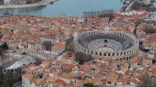 Aerial view of the old town of the city Arles on a sunny summer morning in France.