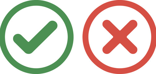 Checkmark and cross icon set, green check mark and red x symbols representing correct and incorrect choices for validation feedback and decision design. © Mr. Tasin