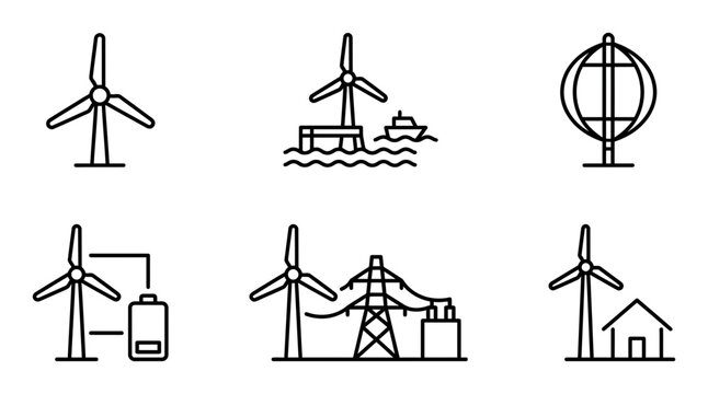 6 Wind Energy icons featuring turbine, offshore farm, battery storage and power grid, outline solid styles, UI and web interface design