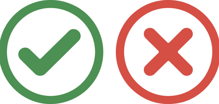 Checkmark and cross icon set, green check mark and red x symbols representing correct and incorrect choices for validation feedback and decision design.