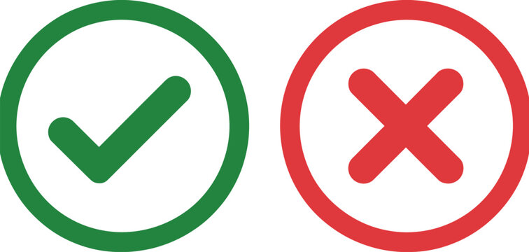 Checkmark and cross icon set, vector illustration of green tick and red cross icons for right and wrong answers approval and rejection UI design.