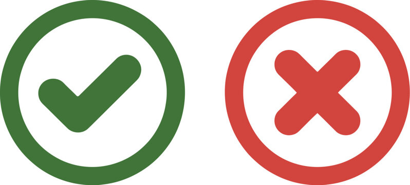 Checkmark and cross icon set, vector illustration of green tick and red cross icons for right and wrong answers approval and rejection concept.