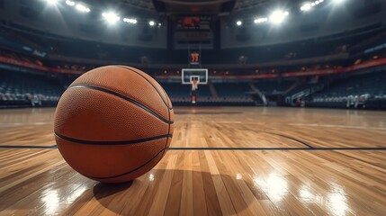 Naklejka premium Close-up of a worn basketball placed near the edge of a glossy hardwood court, with a grand modern arena stretching upward in the background, illuminated by soft arena lighting and a sense of pre-game