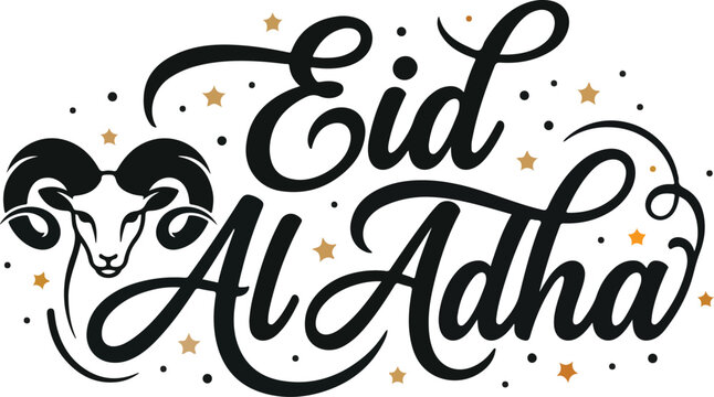 Eid Al Adha, Islamic holiday, ram head, festive vector graphic, black calligraphy