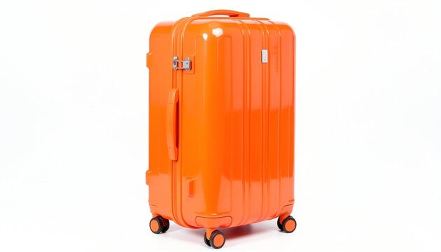 bright orange hardshell suitcase with a retractable handle and four spinner wheels is presented against a stark white background, highlighting its functional design and vibrant color.