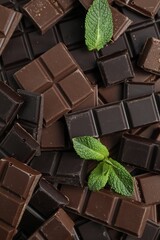 Pieces of yummy chocolate and mint leaves as background, top view © New Africa