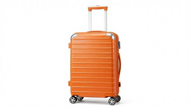 bright orange hardshell suitcase with a retractable handle and four spinner wheels is presented against a stark white background, highlighting its functional design and vibrant color.