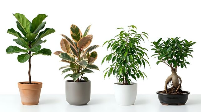 Collection of popular houseplants in decorative pots including fiddle leaf fig, rubber plant, weeping fig and bonsai tree for indoor gardening and home decor.