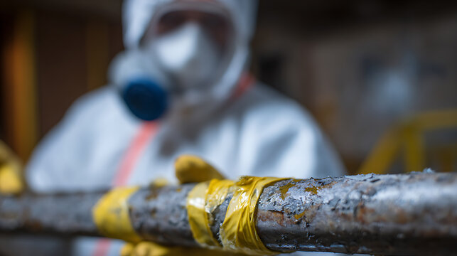 Industrial worker in protective suit and respirator mask holds damaged pipe with yellow caution tape, focus on corrosion and safety