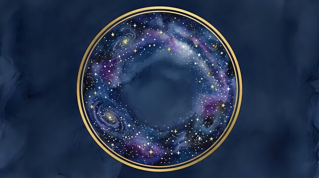Cosmic galaxy circle with gold frame on dark blue watercolor background, featuring swirling nebula, stars, and deep space elements.